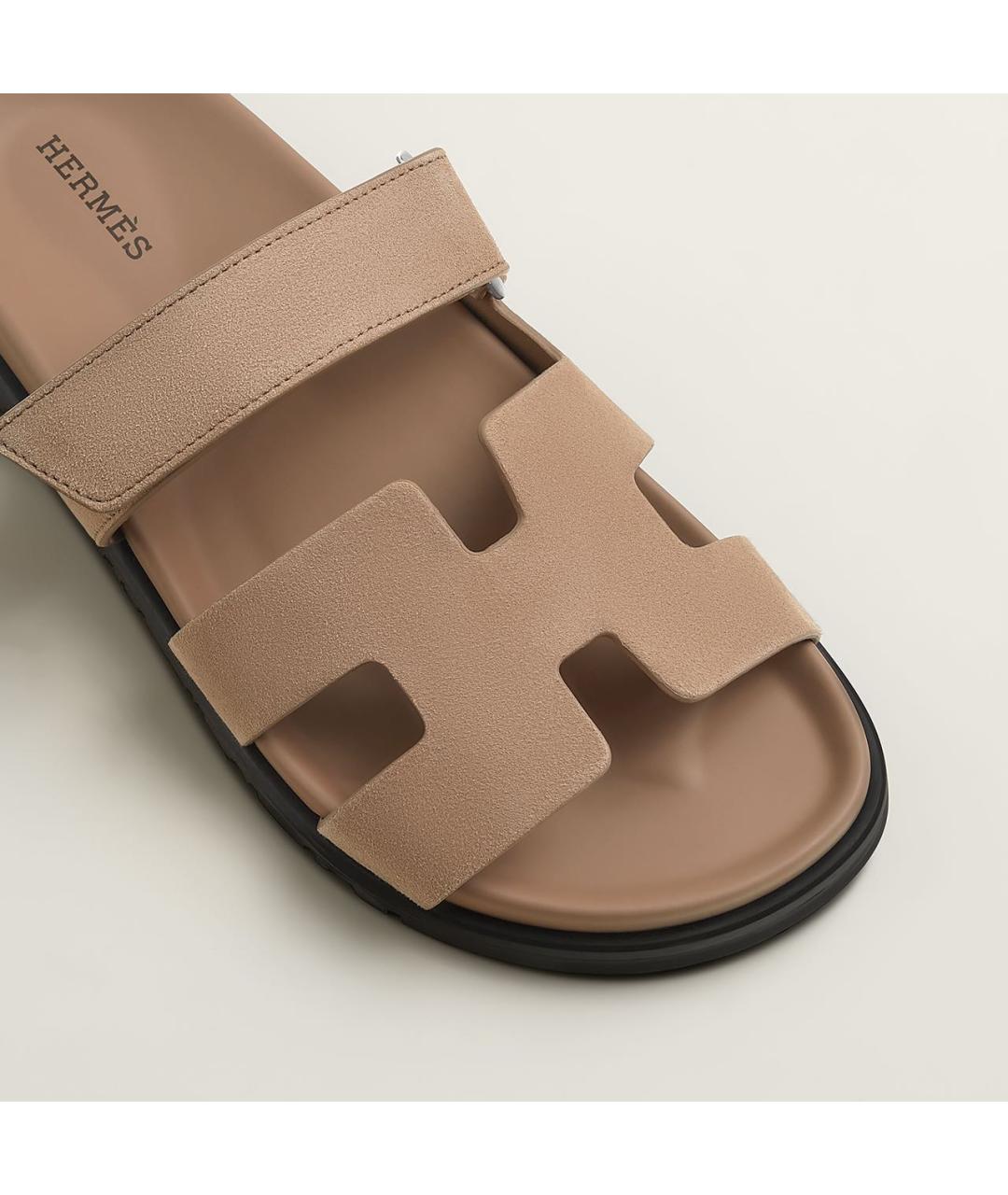 HERMES Бежевые замшевые шлепанцы, фото 5