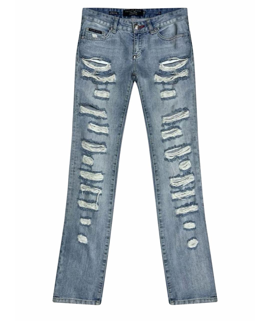 PHILIPP PLEIN Голубые хлопко-эластановые прямые джинсы, фото 1