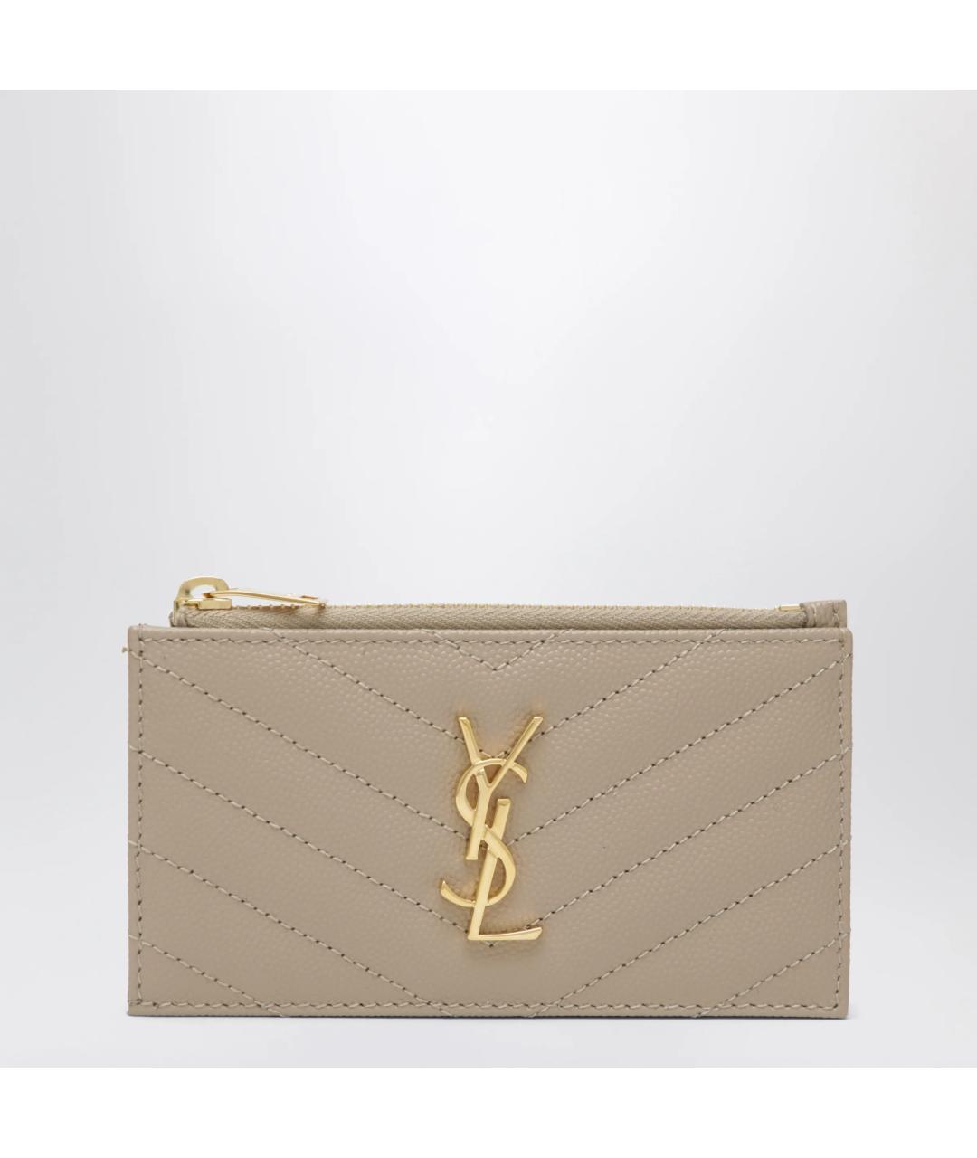 SAINT LAURENT Бежевый кожаный кардхолдер, фото 3