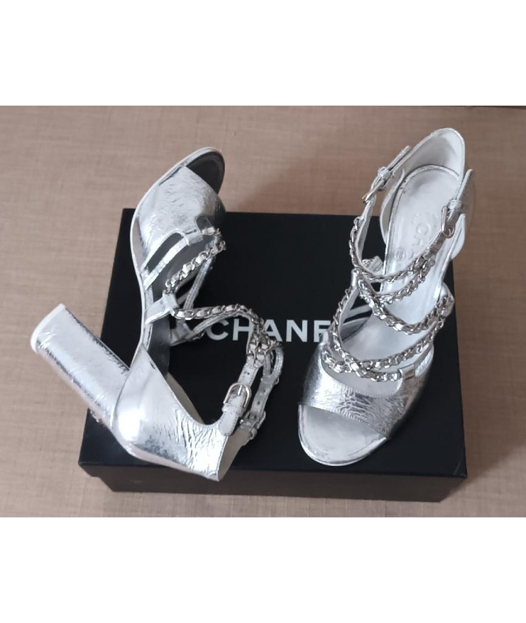 CHANEL Серебряные кожаные босоножки, фото 9
