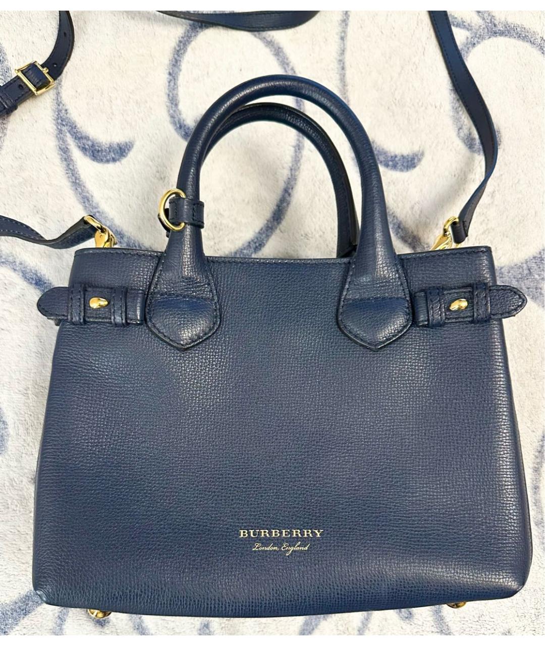 BURBERRY Темно-синяя кожаная сумка тоут, фото 8