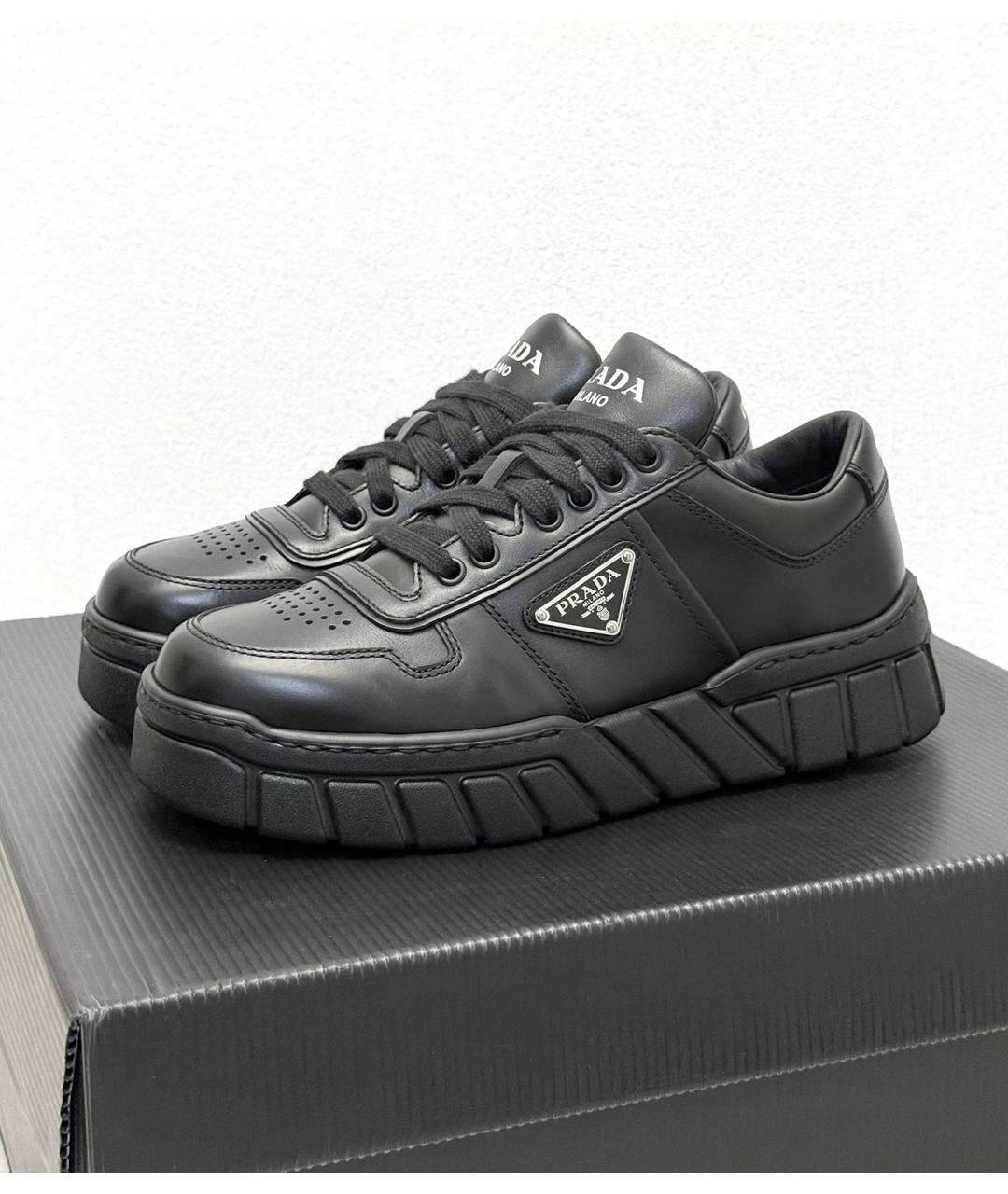 PRADA Черные кожаные низкие кроссовки / кеды, фото 2