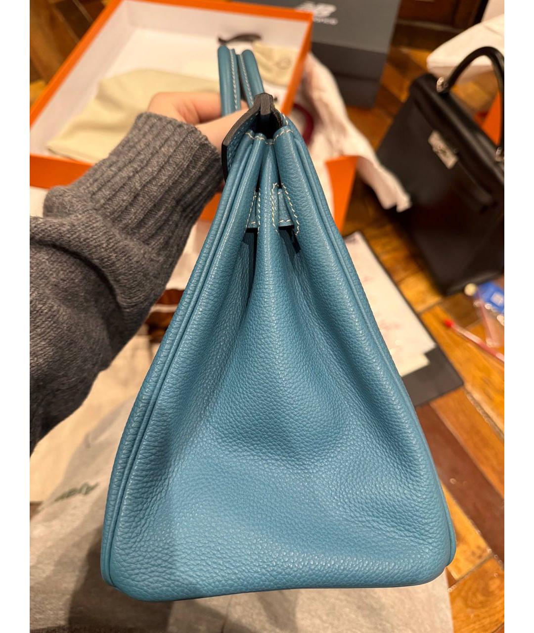 HERMES Голубая кожаная сумка с короткими ручками, фото 4