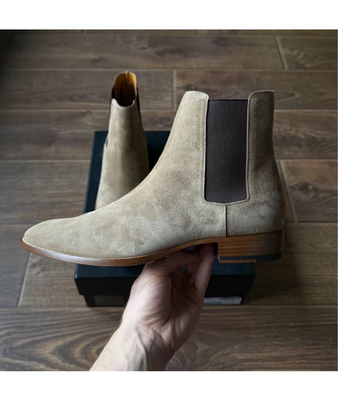 SAINT LAURENT Бежевые замшевые высокие ботинки, фото 8