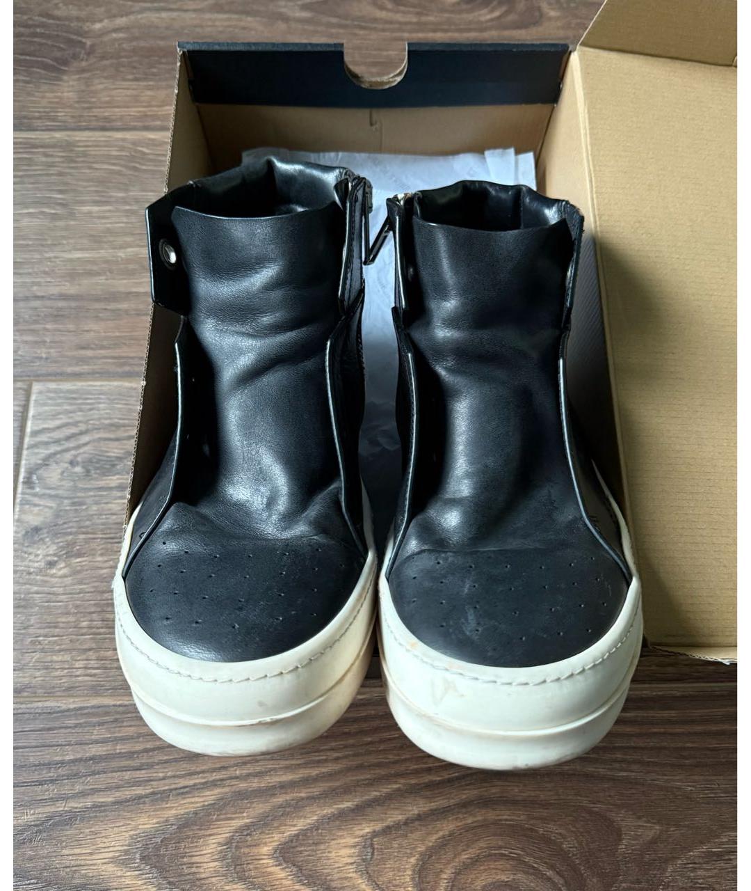 RICK OWENS Черные кожаные высокие кроссовки / кеды, фото 2