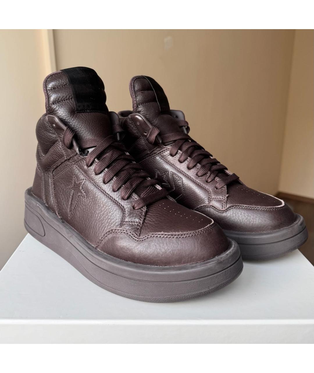 RICK OWENS DRKSHDW Коричневые кожаные высокие кроссовки / кеды, фото 2