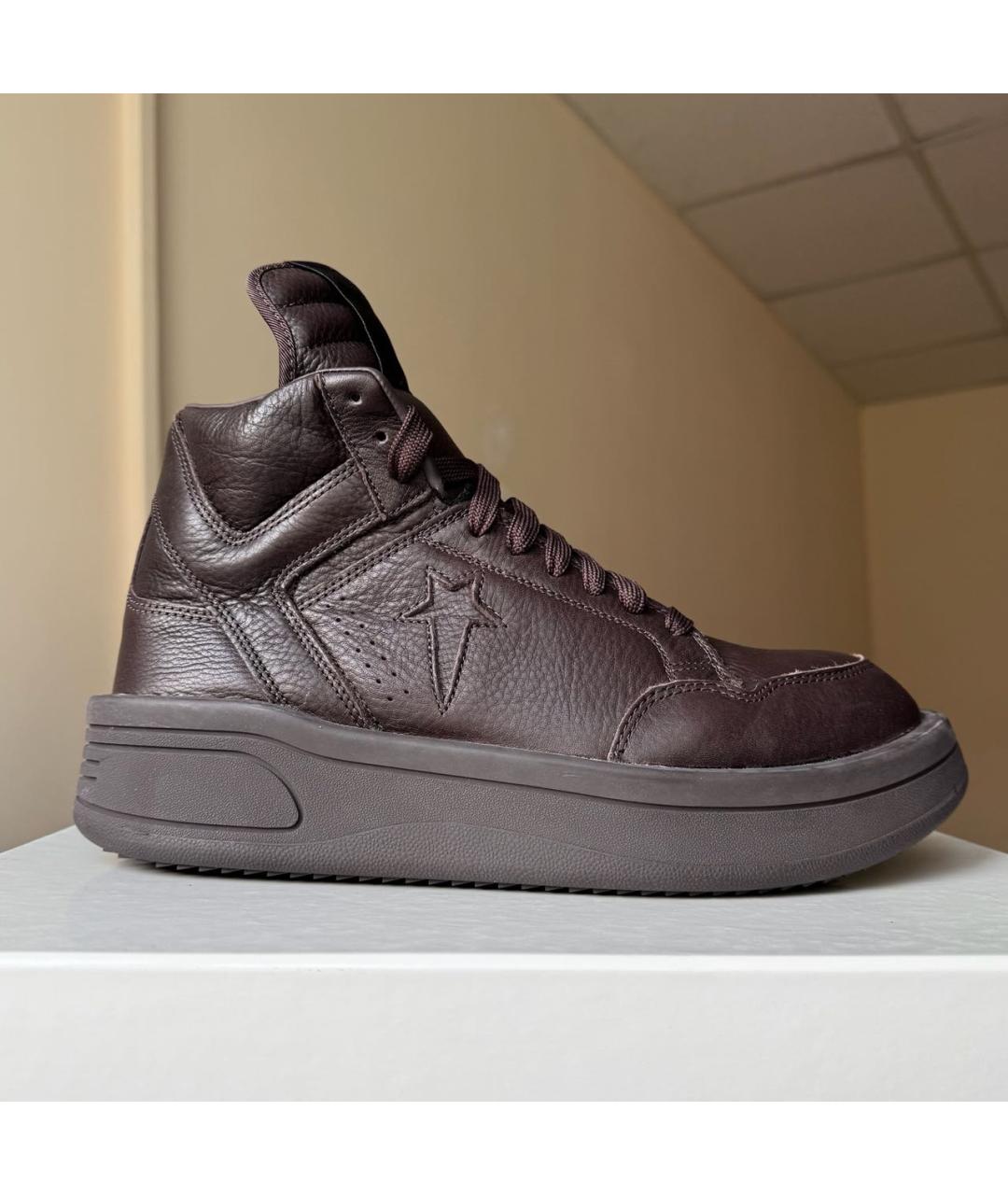 RICK OWENS DRKSHDW Коричневые кожаные высокие кроссовки / кеды, фото 9