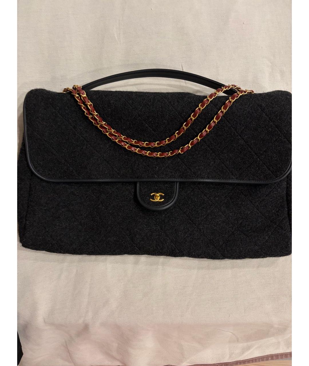 CHANEL Антрацитовая шерстяная сумка с короткими ручками, фото 2