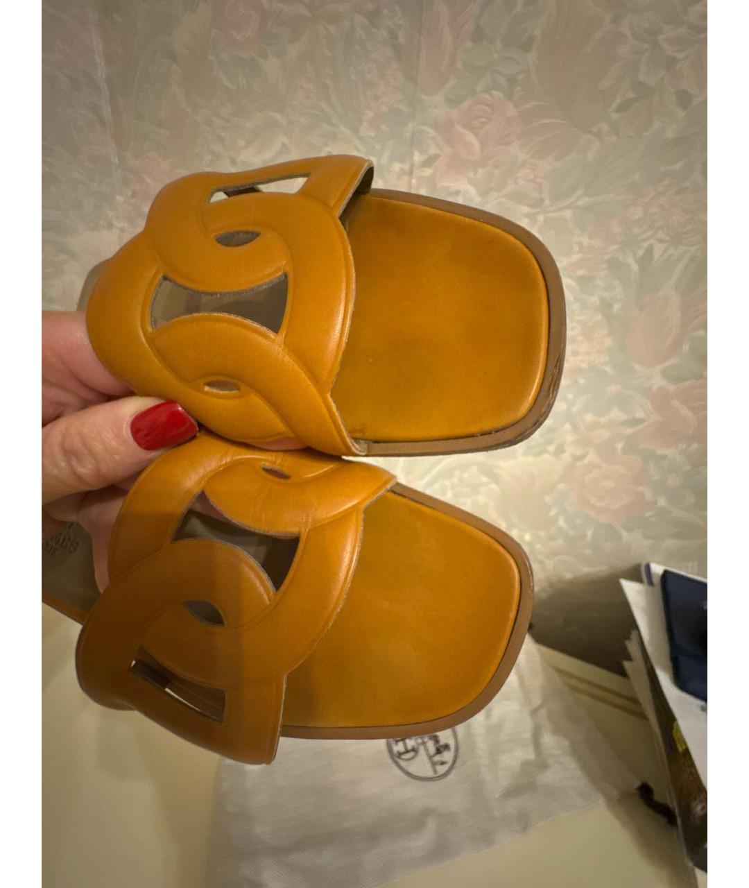 HERMES Коричневые кожаные шлепанцы, фото 6