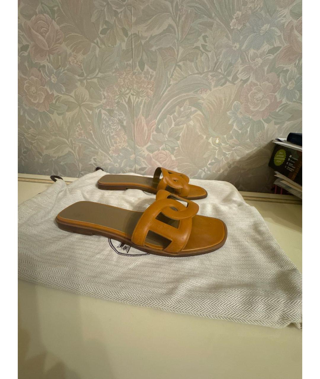 HERMES Коричневые кожаные шлепанцы, фото 7