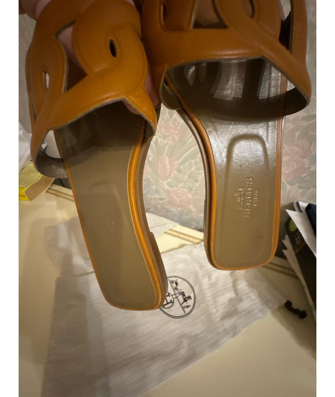 HERMES Коричневые кожаные шлепанцы, фото 5