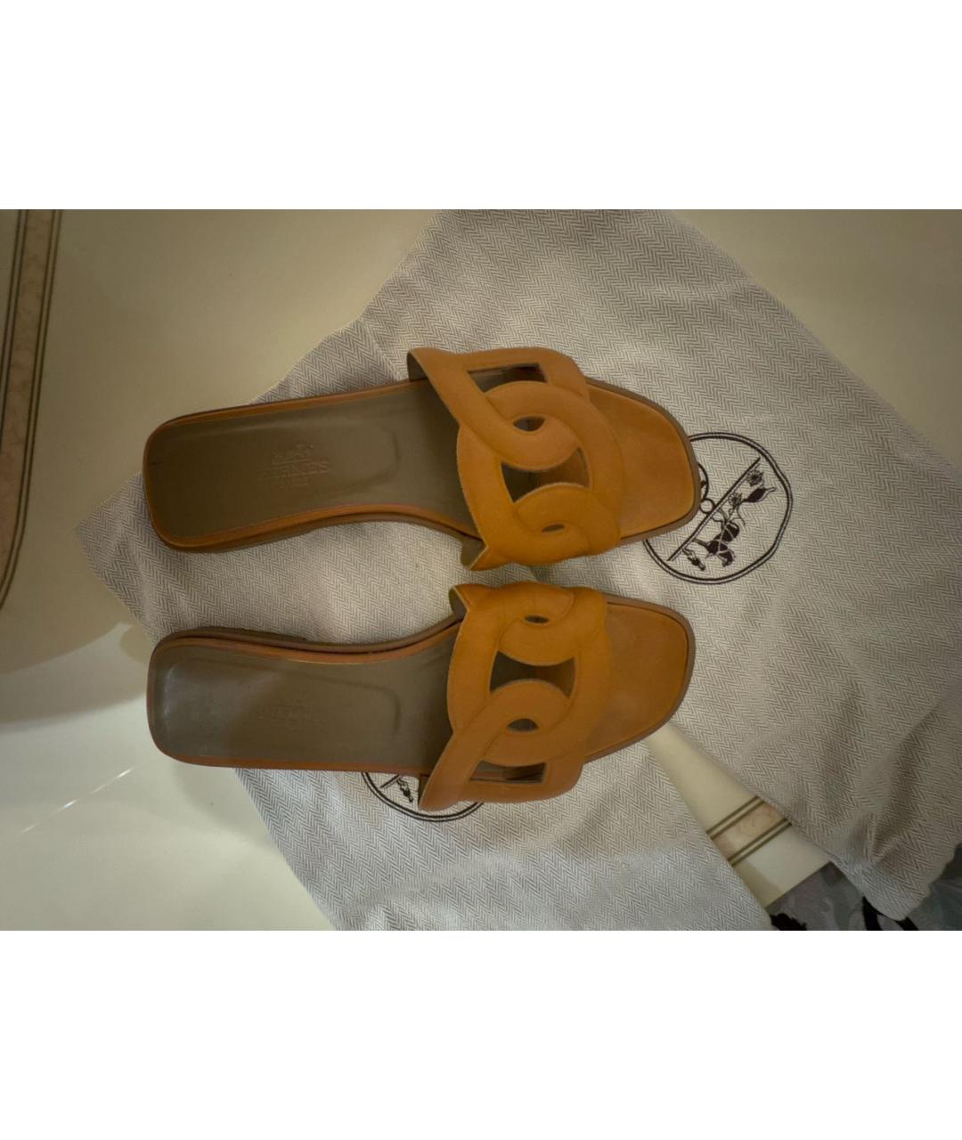 HERMES Коричневые кожаные шлепанцы, фото 3