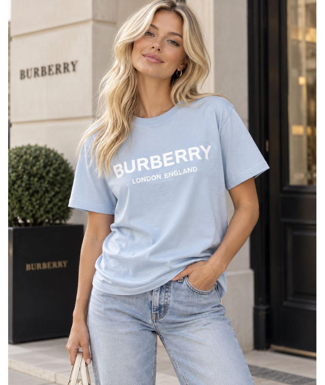 BURBERRY Голубая хлопковая футболка, фото 2