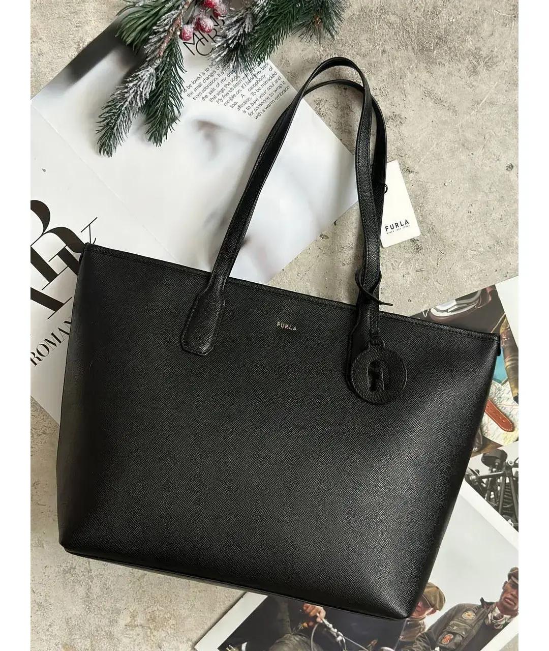 FURLA Черная кожаная сумка тоут, фото 5