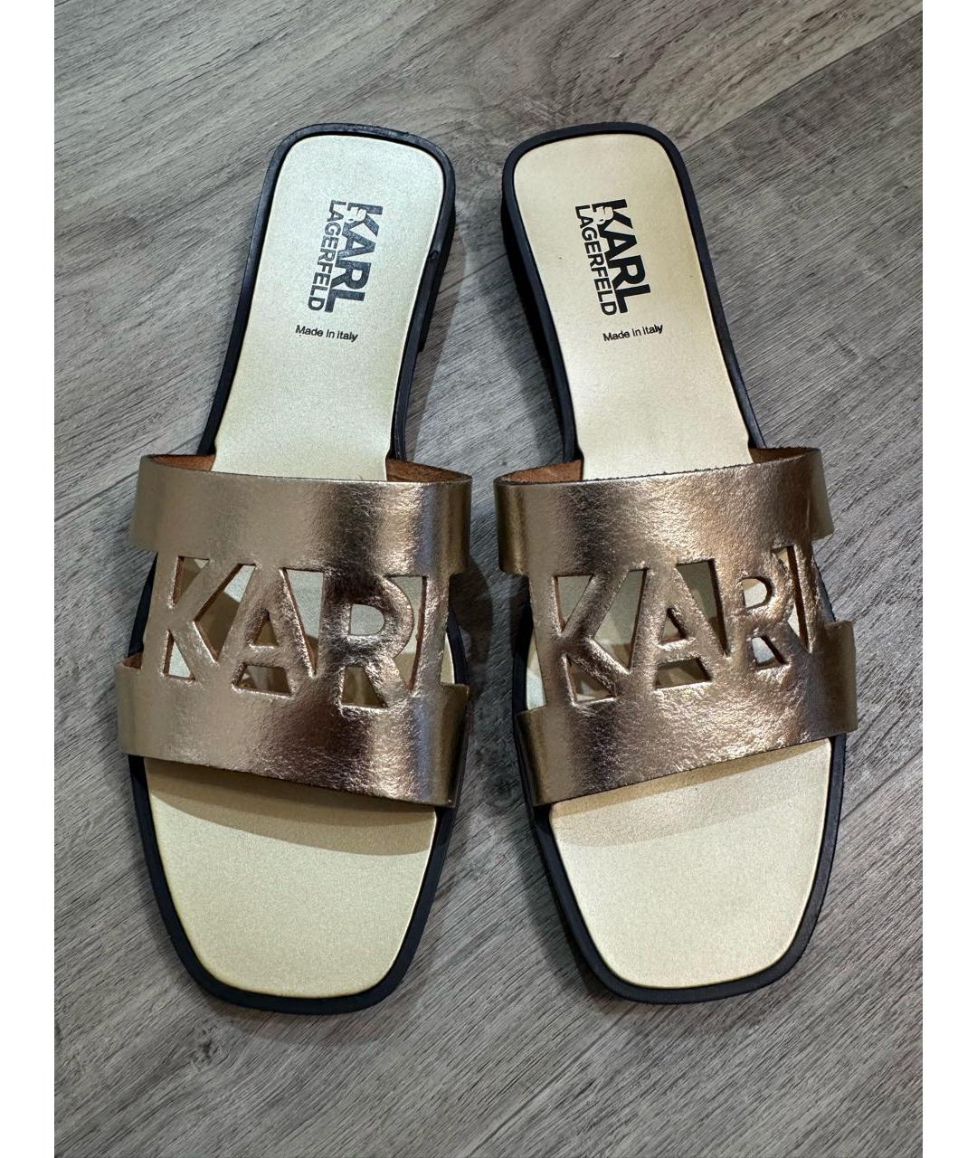KARL LAGERFELD Золотые кожаные шлепанцы, фото 3