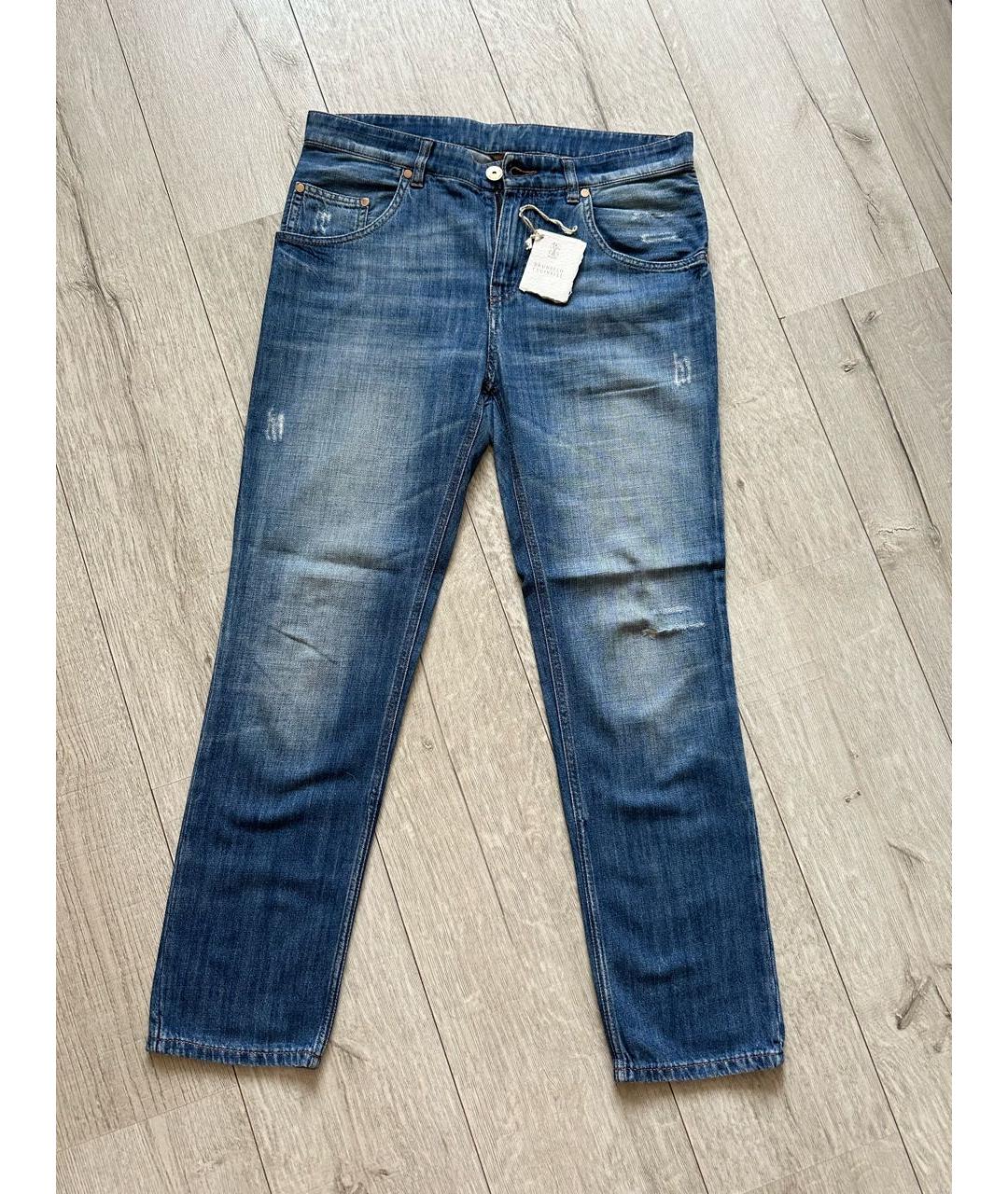 BRUNELLO CUCINELLI Голубые хлопковые прямые джинсы, фото 6