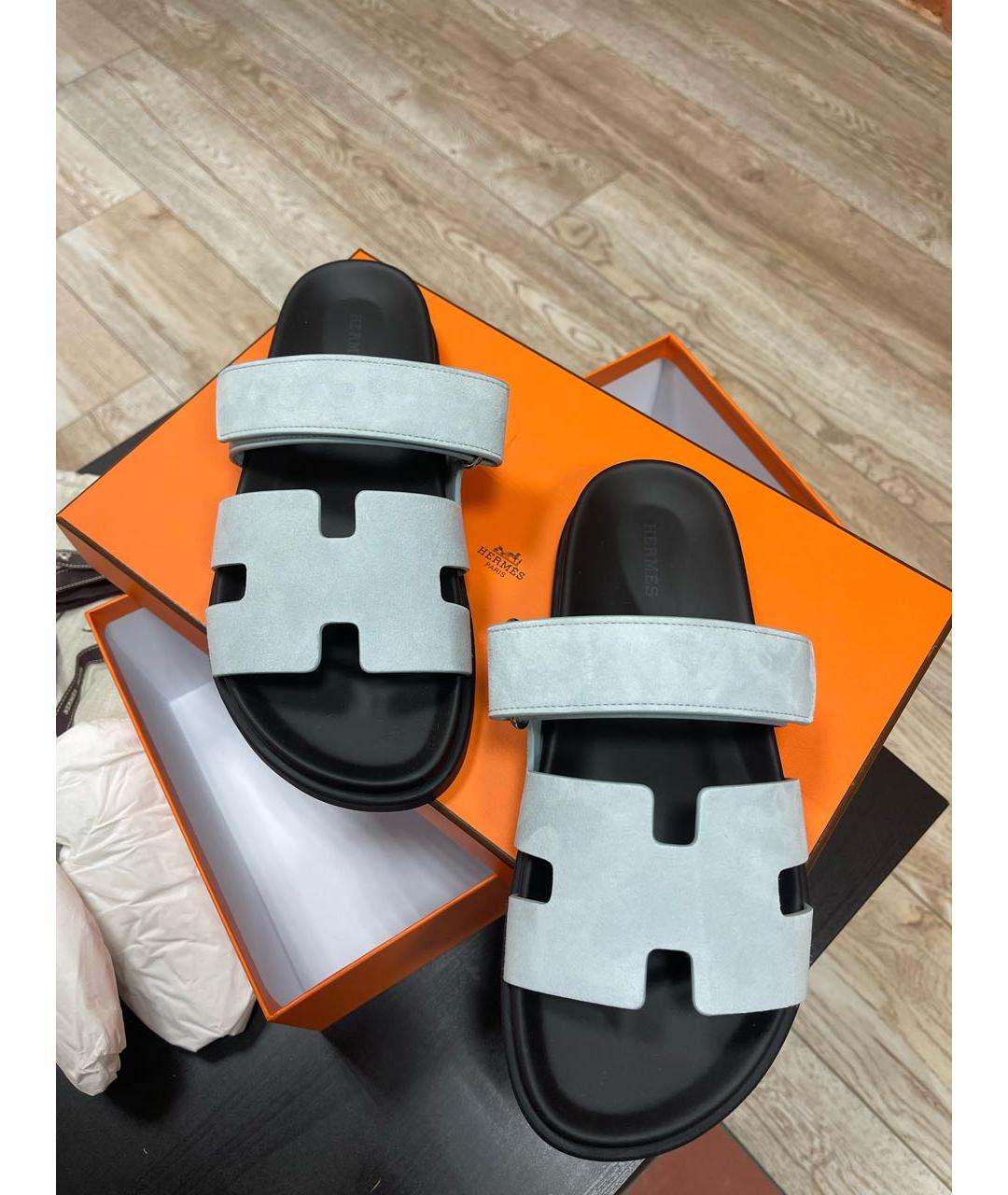 HERMES Голубые замшевые шлепанцы, фото 2