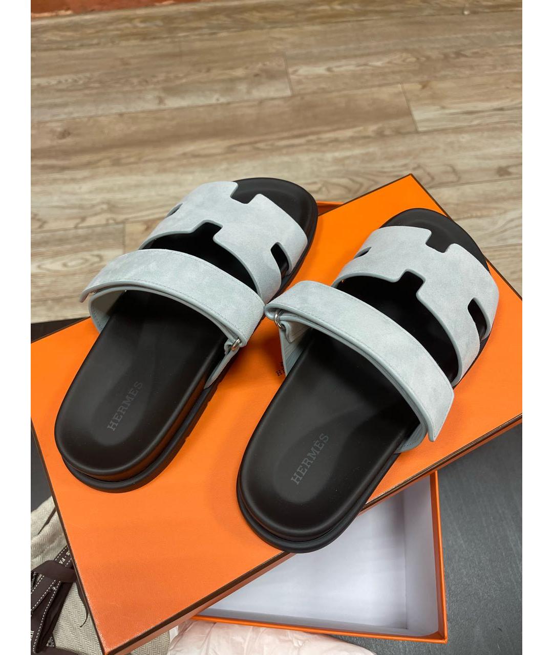 HERMES Голубые замшевые шлепанцы, фото 3