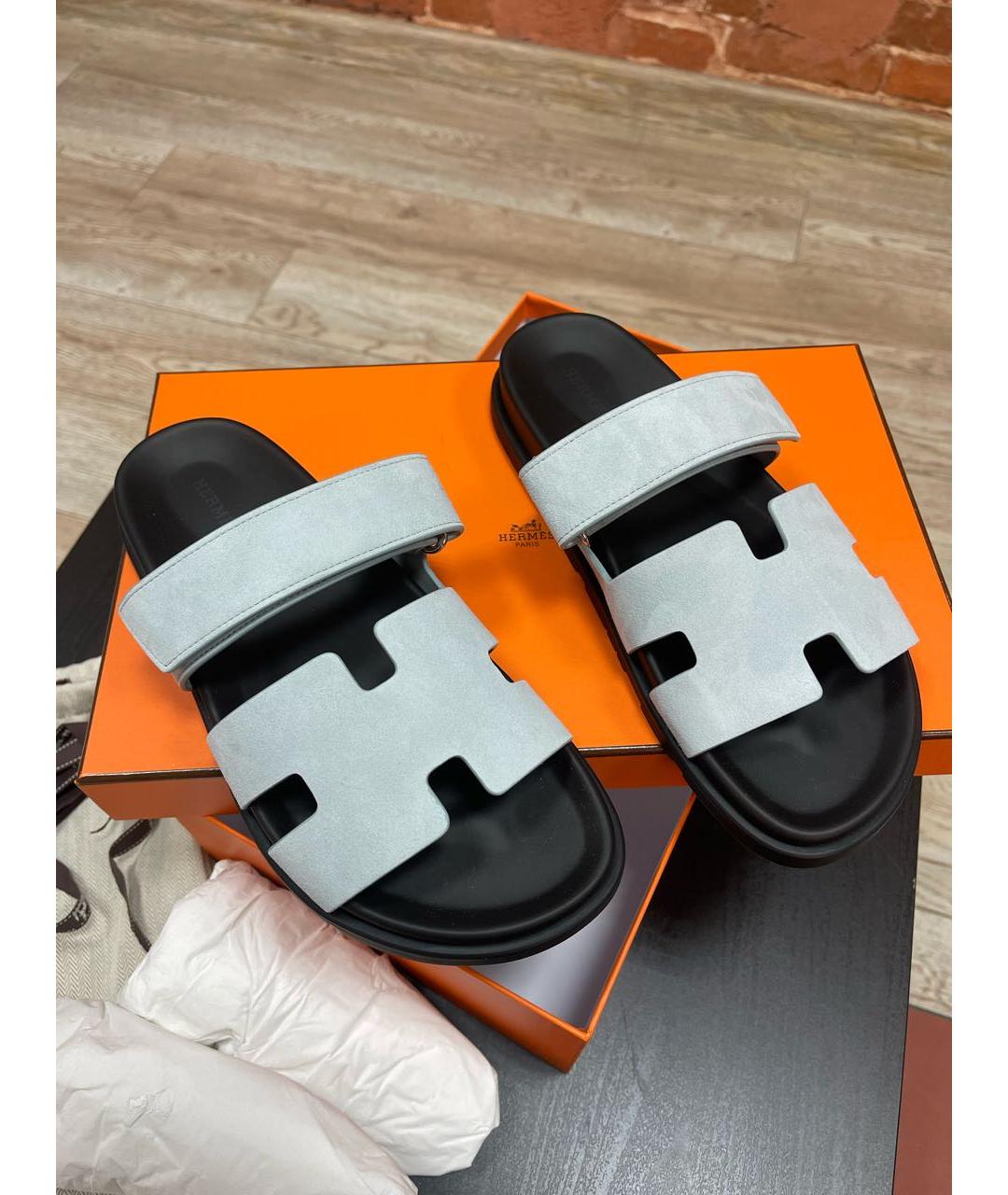 HERMES Голубые замшевые шлепанцы, фото 5