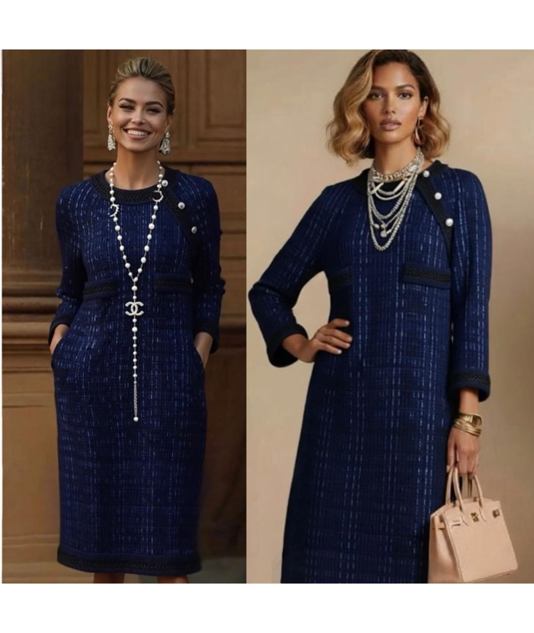 CHANEL Темно-синее твидовое повседневное платье, фото 7