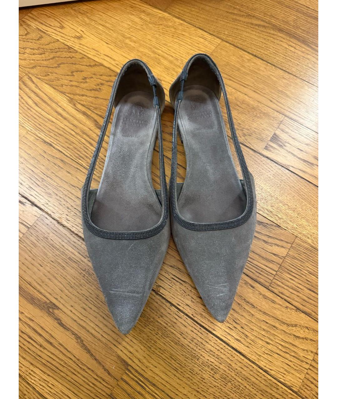 BRUNELLO CUCINELLI Серые замшевые лодочки на низком каблуке, фото 2