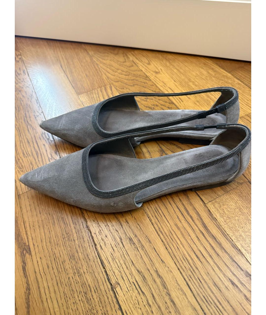 BRUNELLO CUCINELLI Серые замшевые лодочки на низком каблуке, фото 4