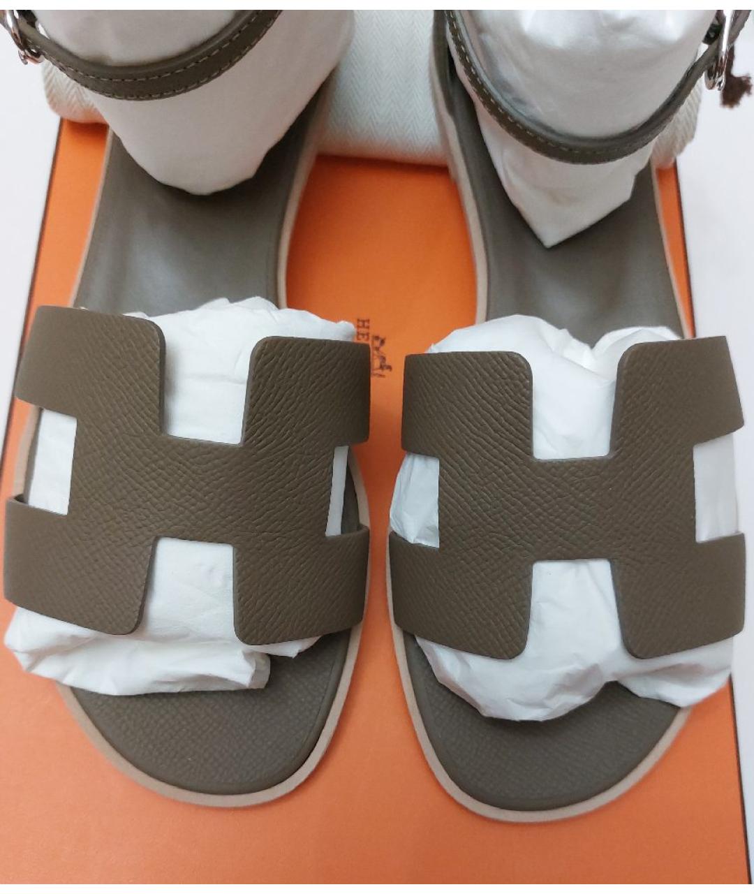 HERMES Хаки кожаные сандалии, фото 3