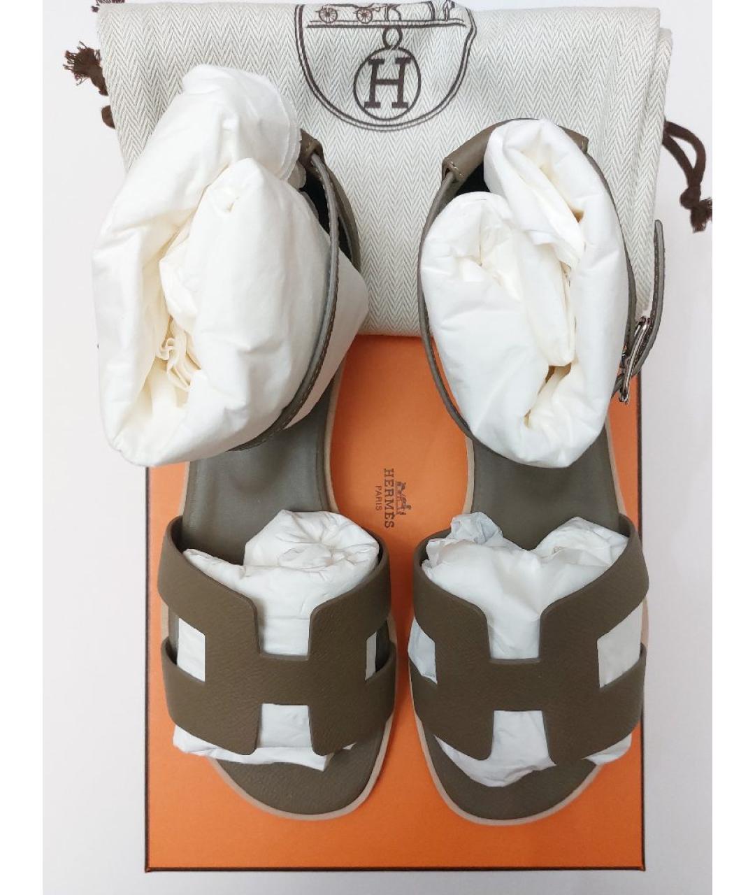 HERMES Хаки кожаные сандалии, фото 2