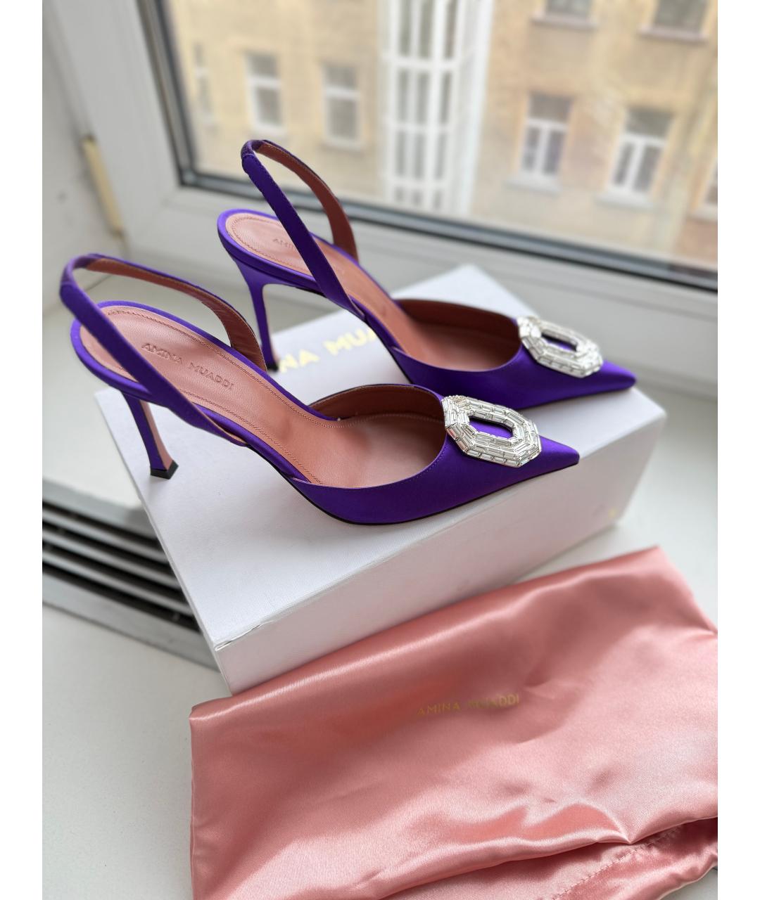 Amina Muaddi Фиолетовые текстильные лодочки на низком каблуке, фото 4