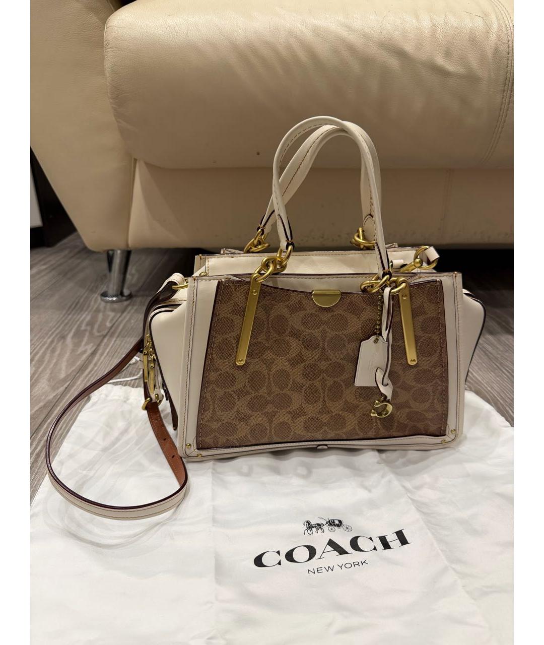 COACH Бежевая кожаная сумка с короткими ручками, фото 5