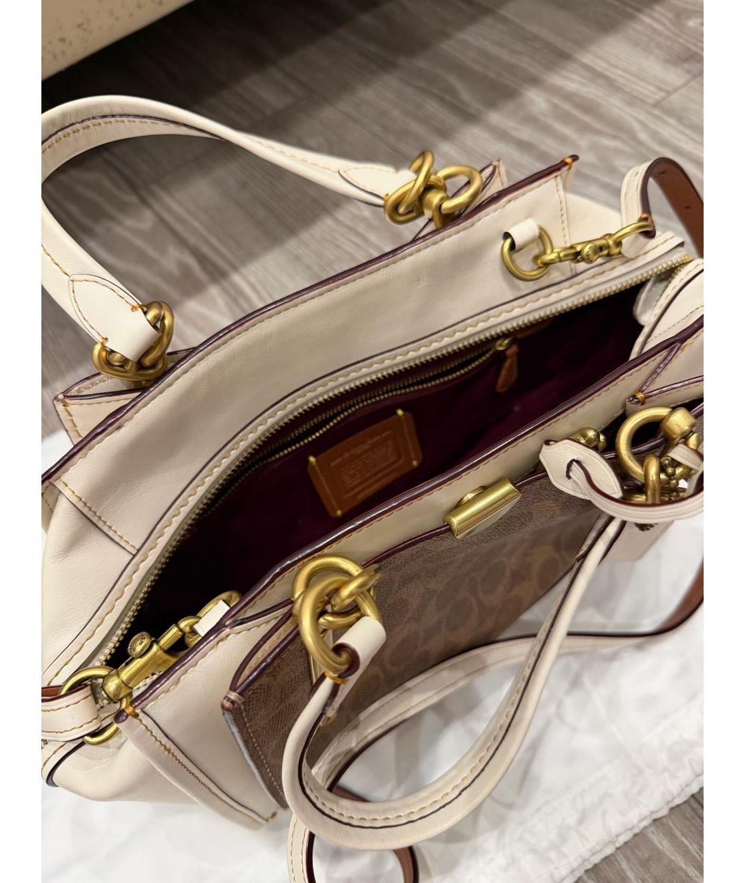 COACH Бежевая кожаная сумка с короткими ручками, фото 4