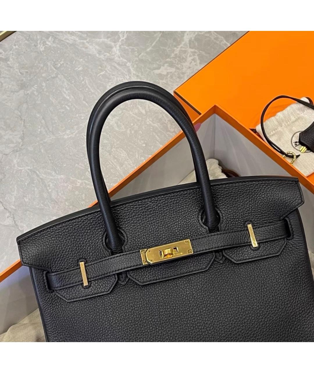 HERMES Черная кожаная сумка с короткими ручками, фото 4