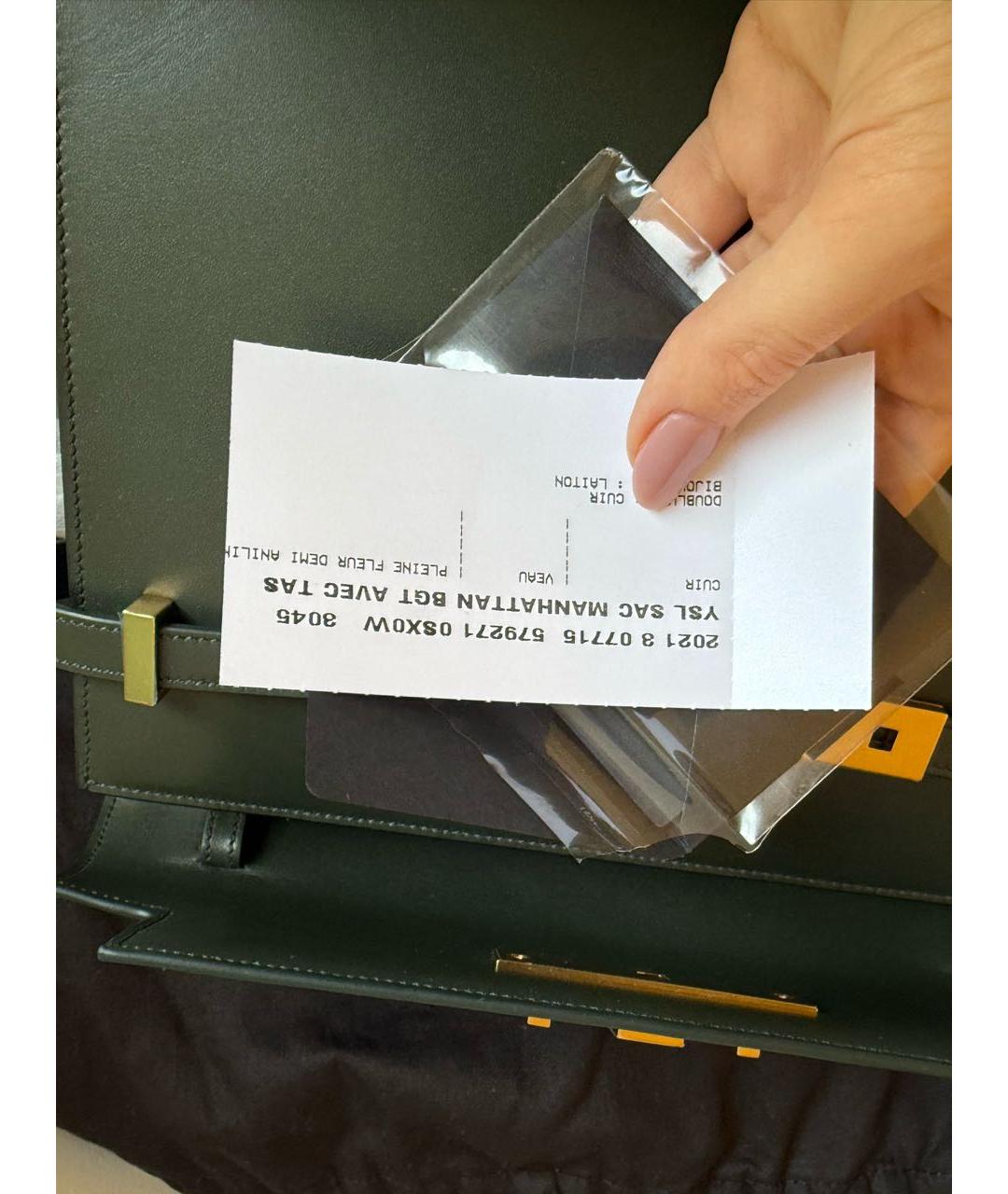 SAINT LAURENT Хаки кожаная сумка с короткими ручками, фото 5