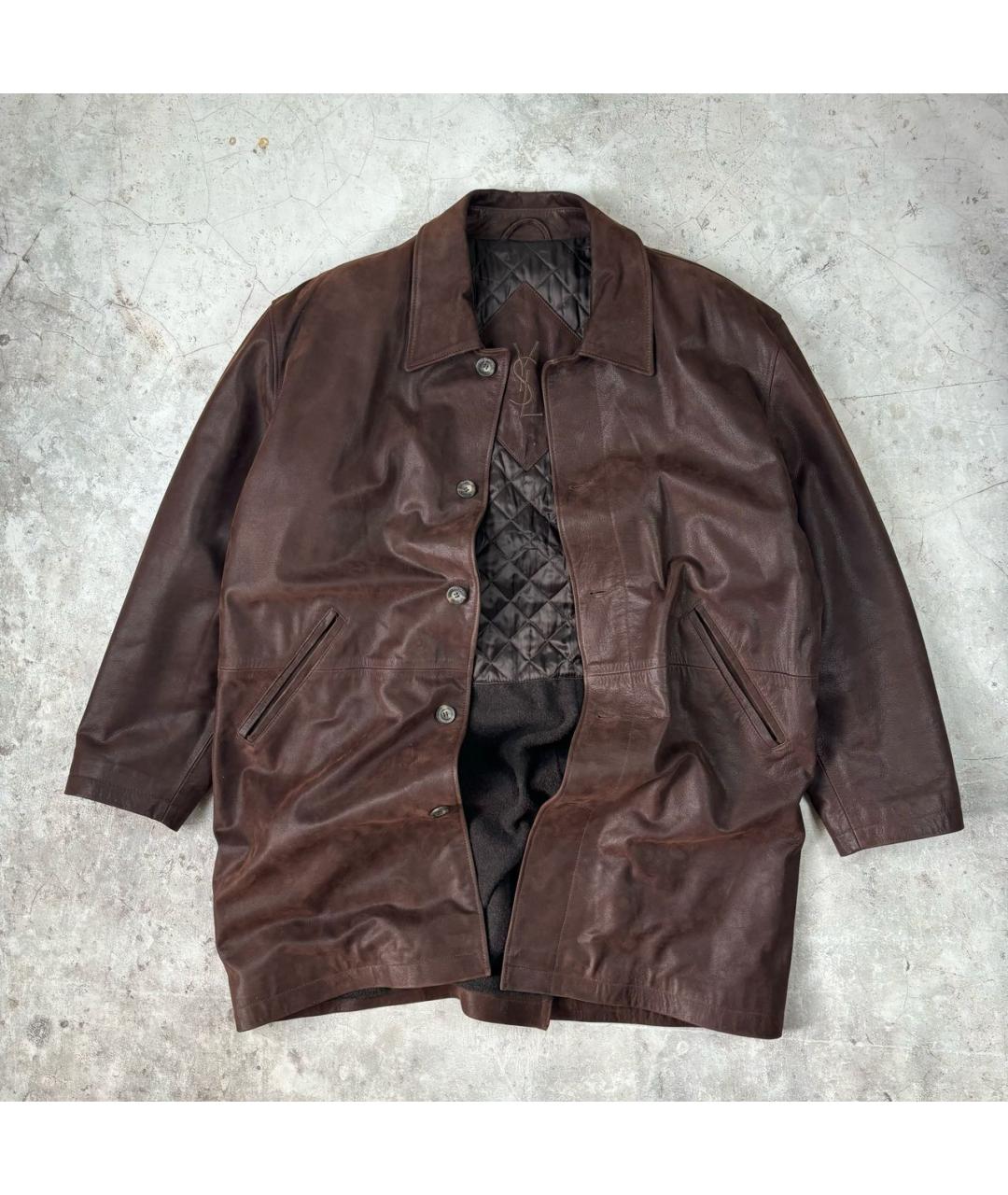 SAINT LAURENT Коричневый кожаный тренч / плащ, фото 8