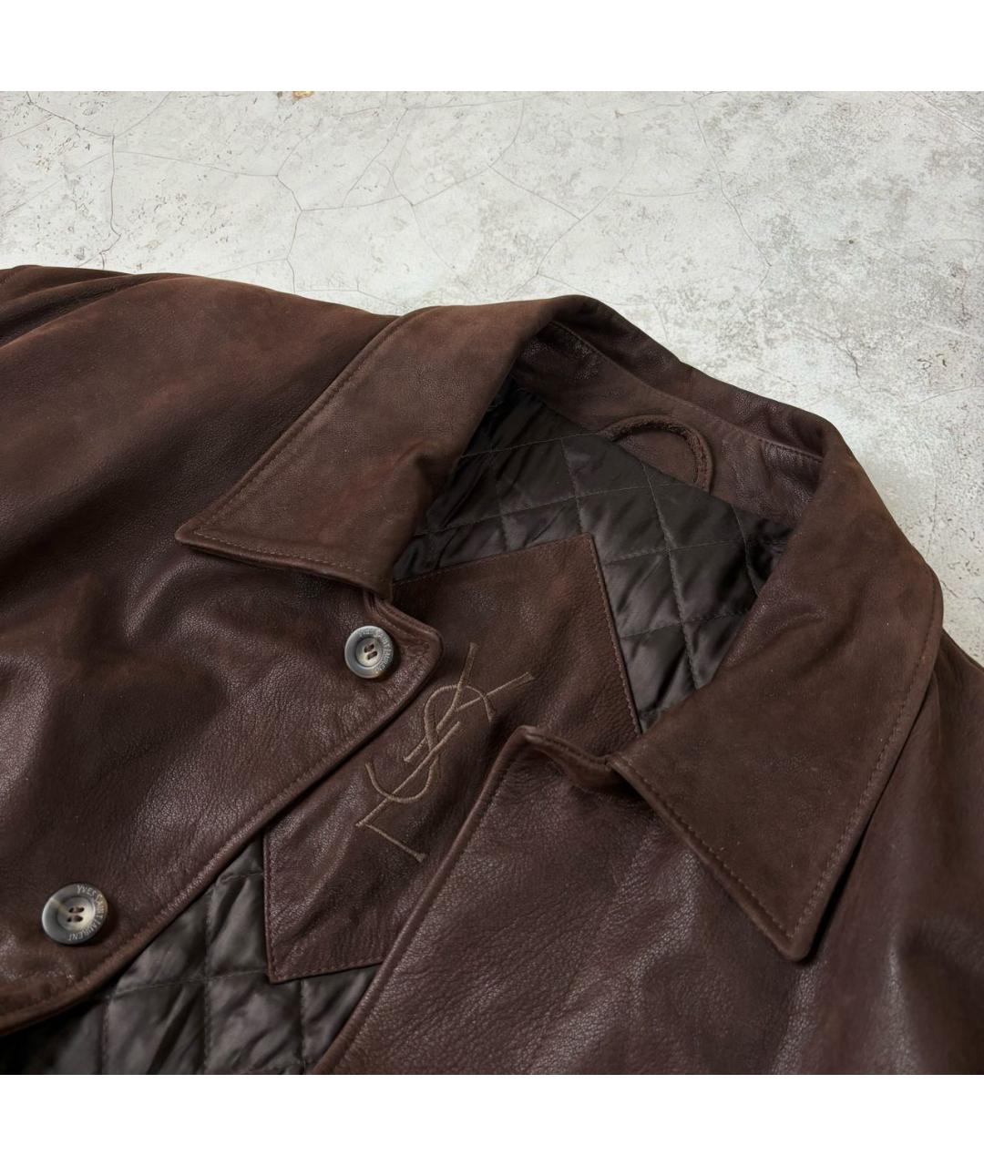 SAINT LAURENT Коричневый кожаный тренч / плащ, фото 3