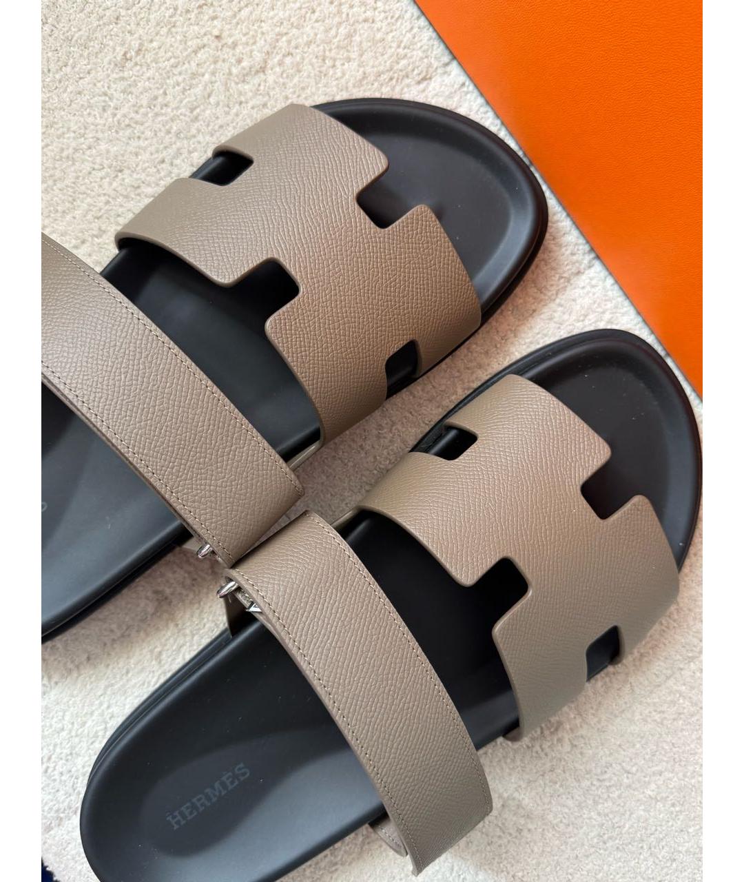 HERMES Коричневые кожаные шлепанцы, фото 3