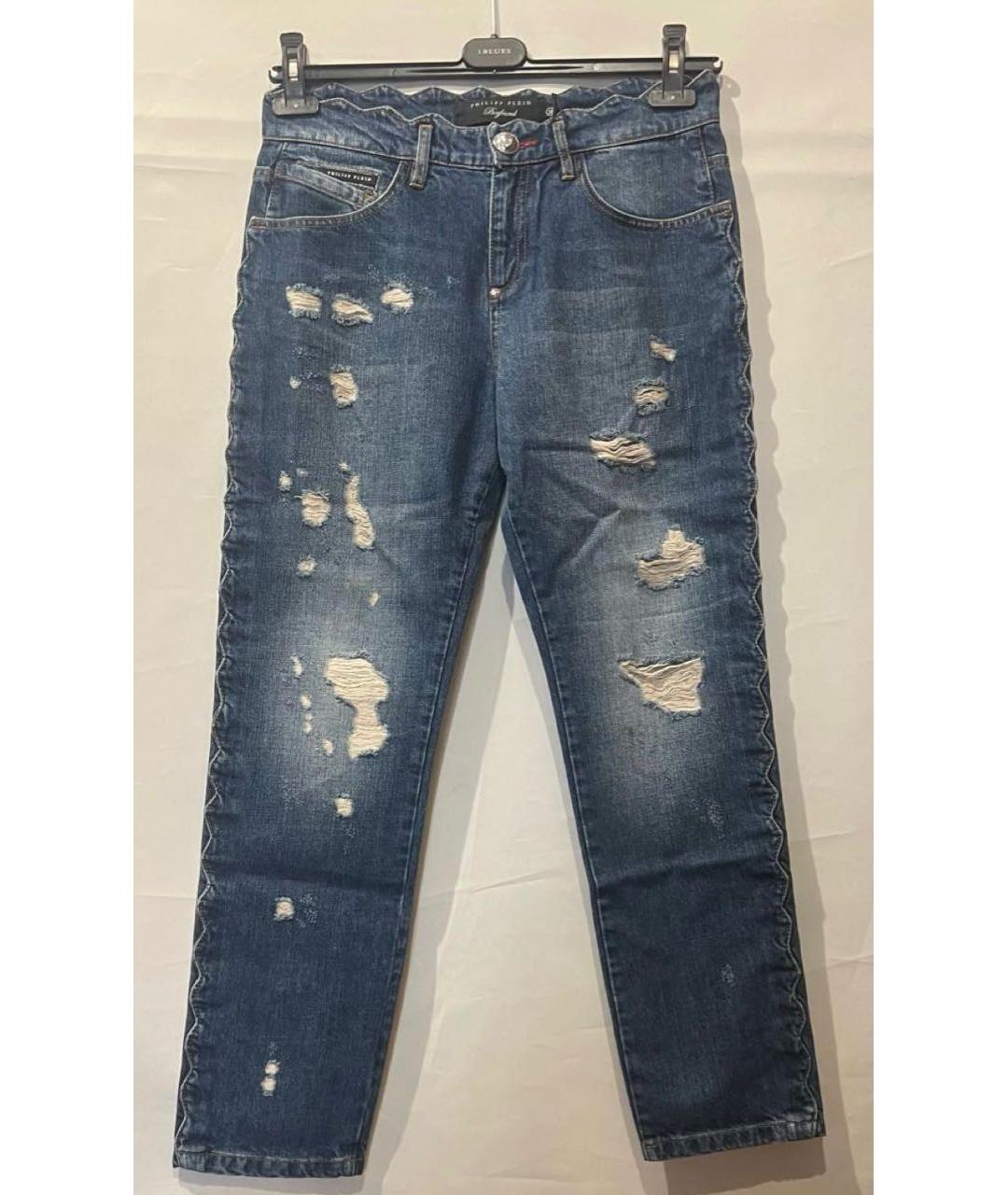 PHILIPP PLEIN Синие хлопко-эластановые прямые джинсы, фото 2