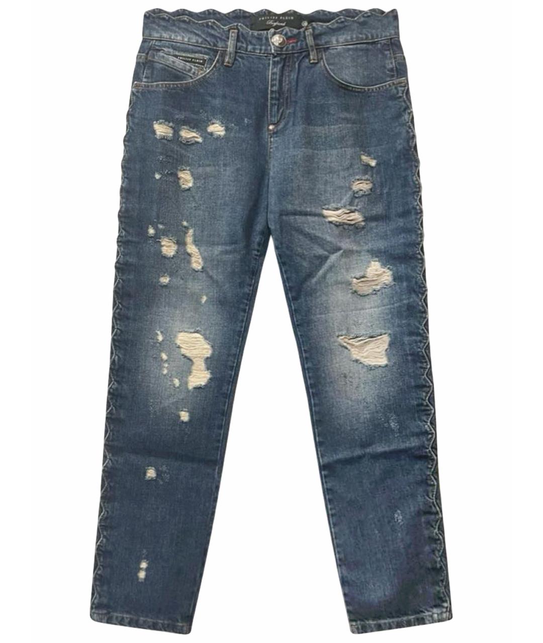 PHILIPP PLEIN Синие хлопко-эластановые прямые джинсы, фото 1