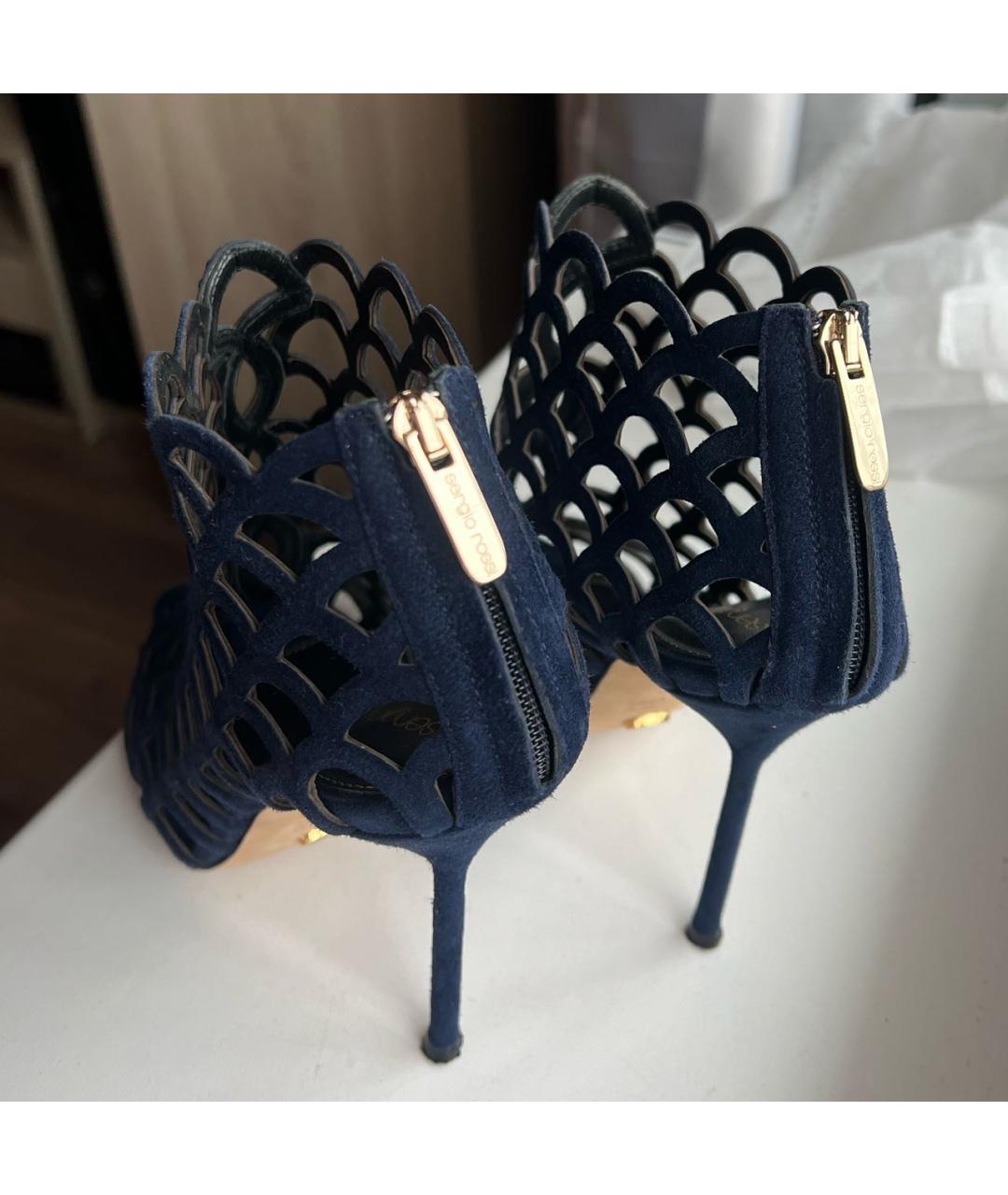 SERGIO ROSSI Темно-синие бархатные босоножки, фото 4