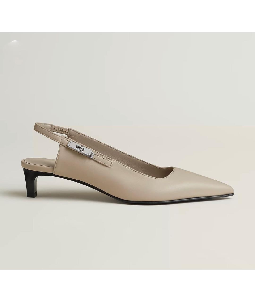 HERMES Бежевые кожаные лодочки на низком каблуке, фото 4
