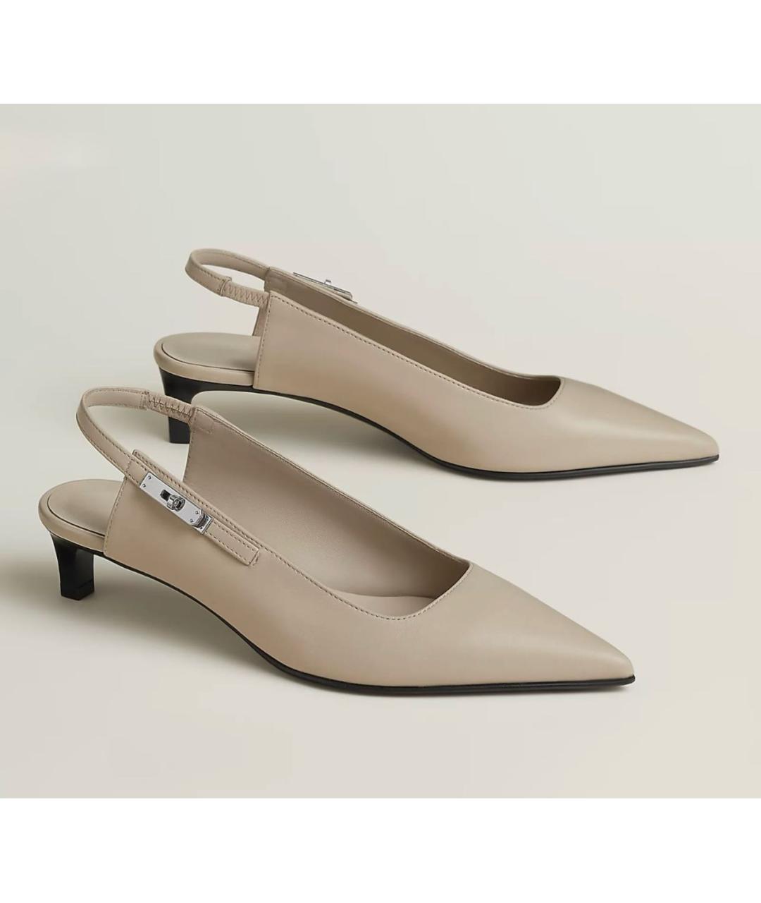 HERMES Бежевые кожаные лодочки на низком каблуке, фото 2