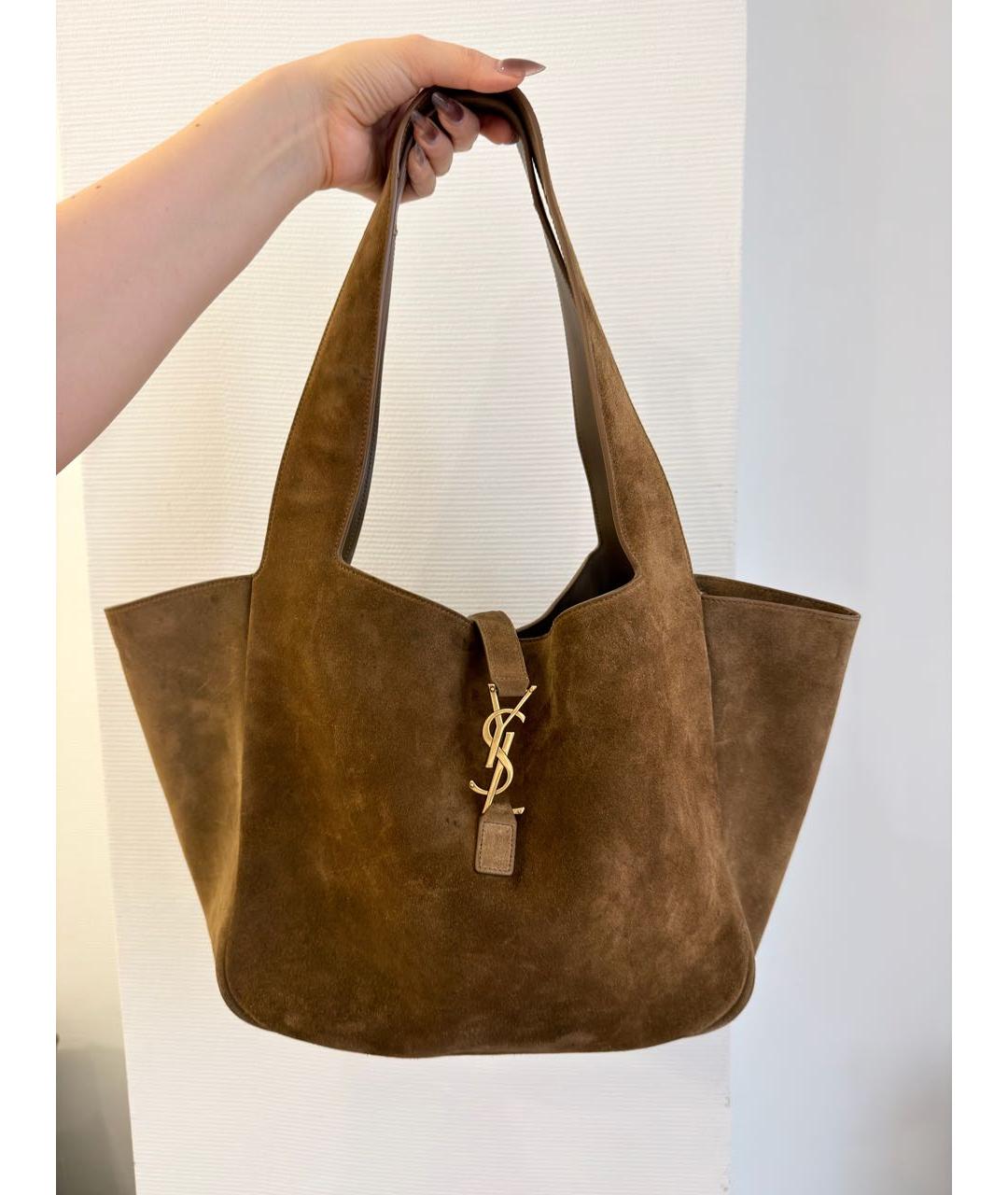 SAINT LAURENT Коричневая замшевая сумка тоут, фото 9