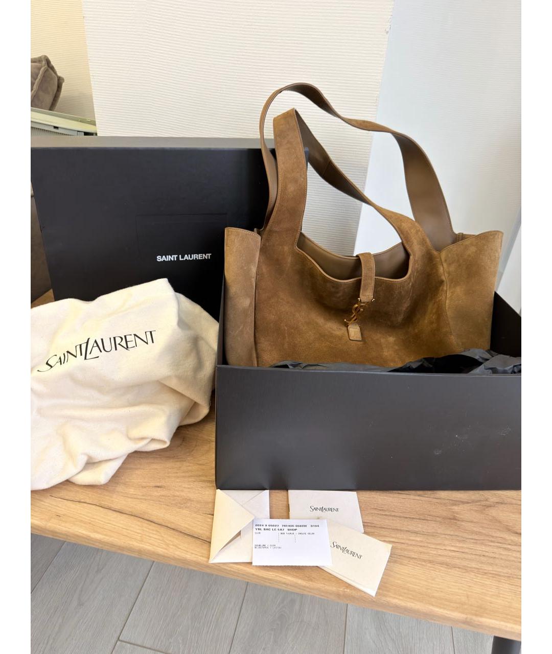 SAINT LAURENT Коричневая замшевая сумка тоут, фото 5
