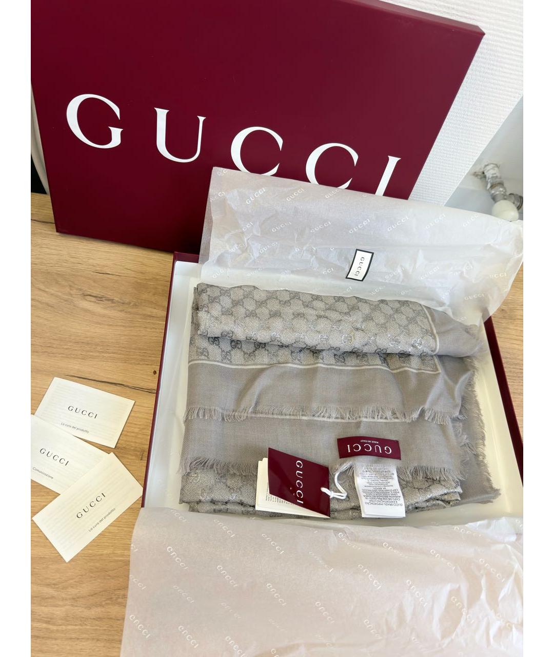 GUCCI Серый шерстяной платок, фото 3