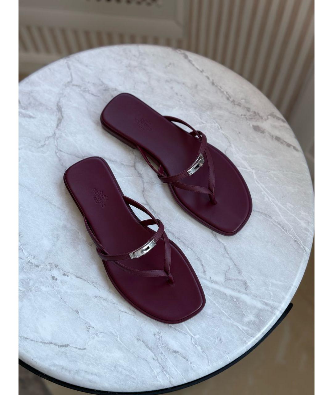 HERMES Бордовые кожаные шлепанцы, фото 3