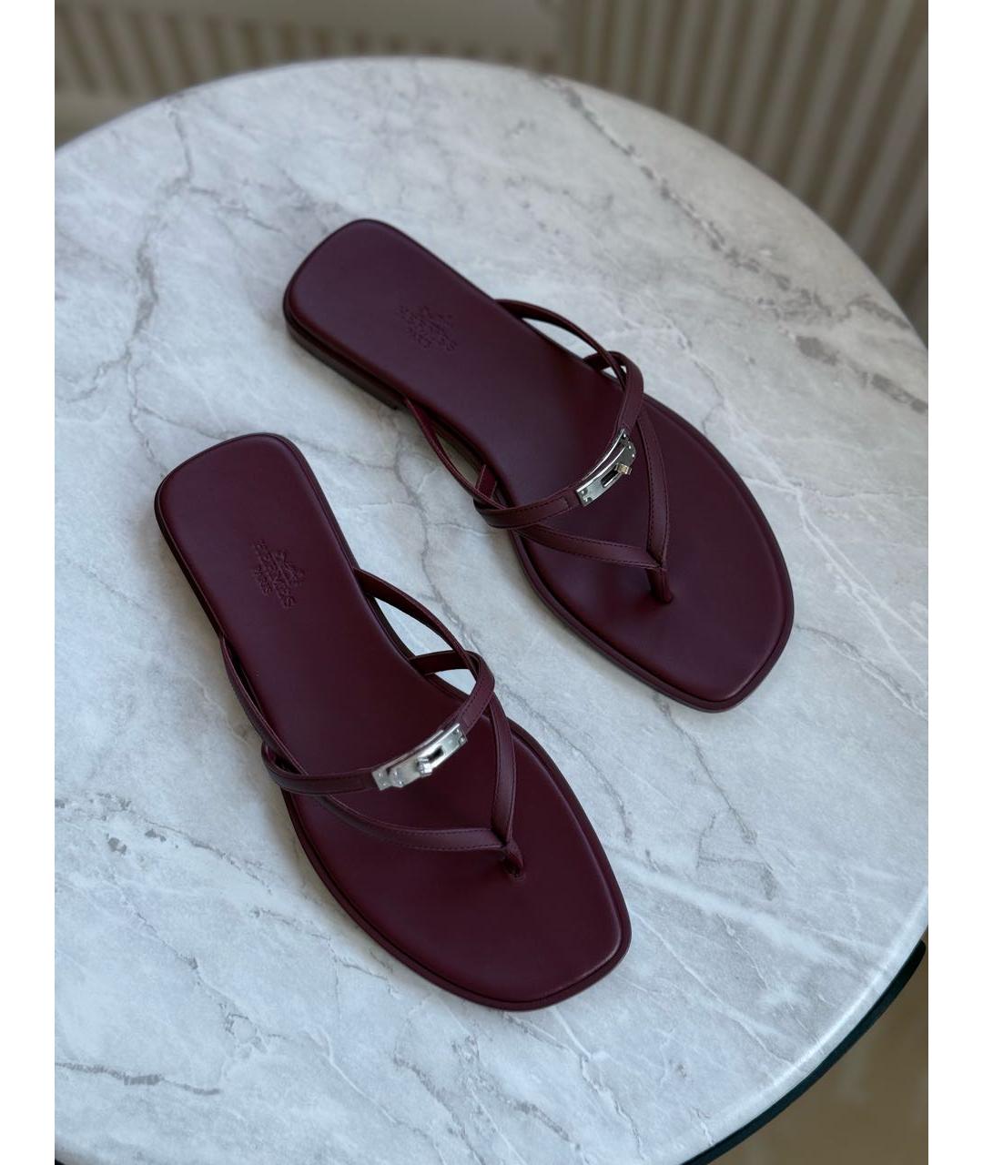 HERMES Бордовые кожаные шлепанцы, фото 2