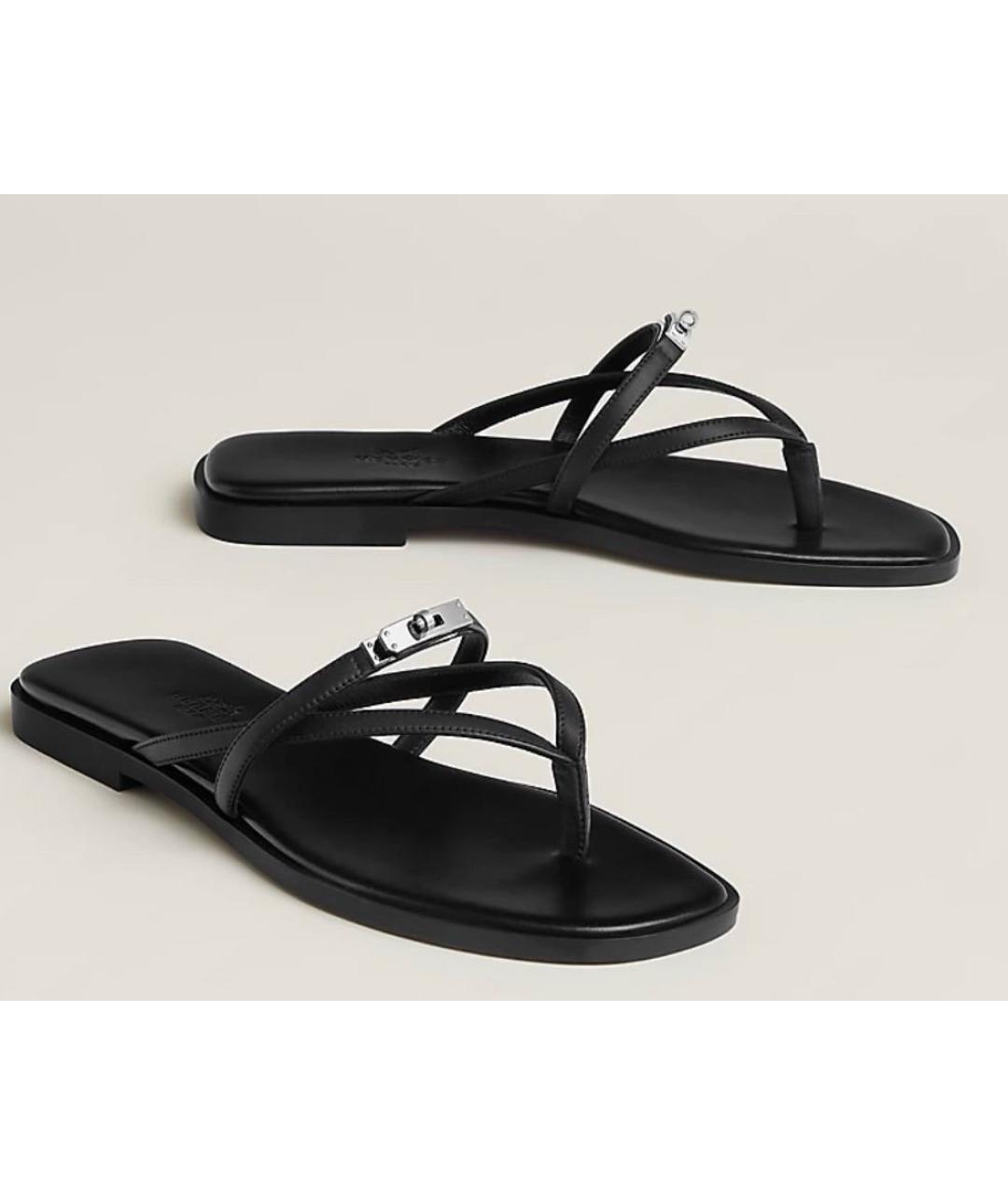 HERMES Черные кожаные шлепанцы, фото 3