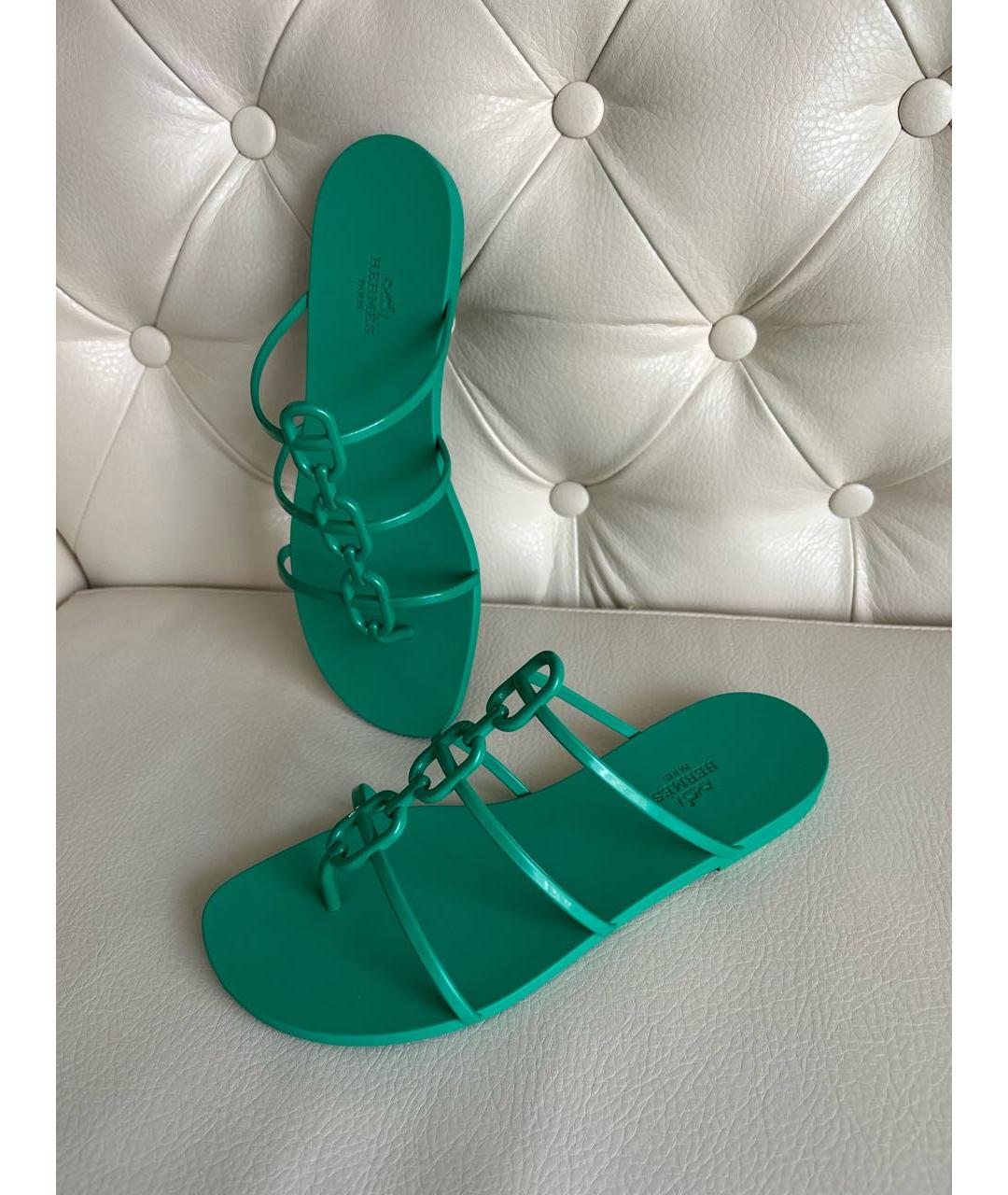 HERMES Зеленые резиновые шлепанцы, фото 8