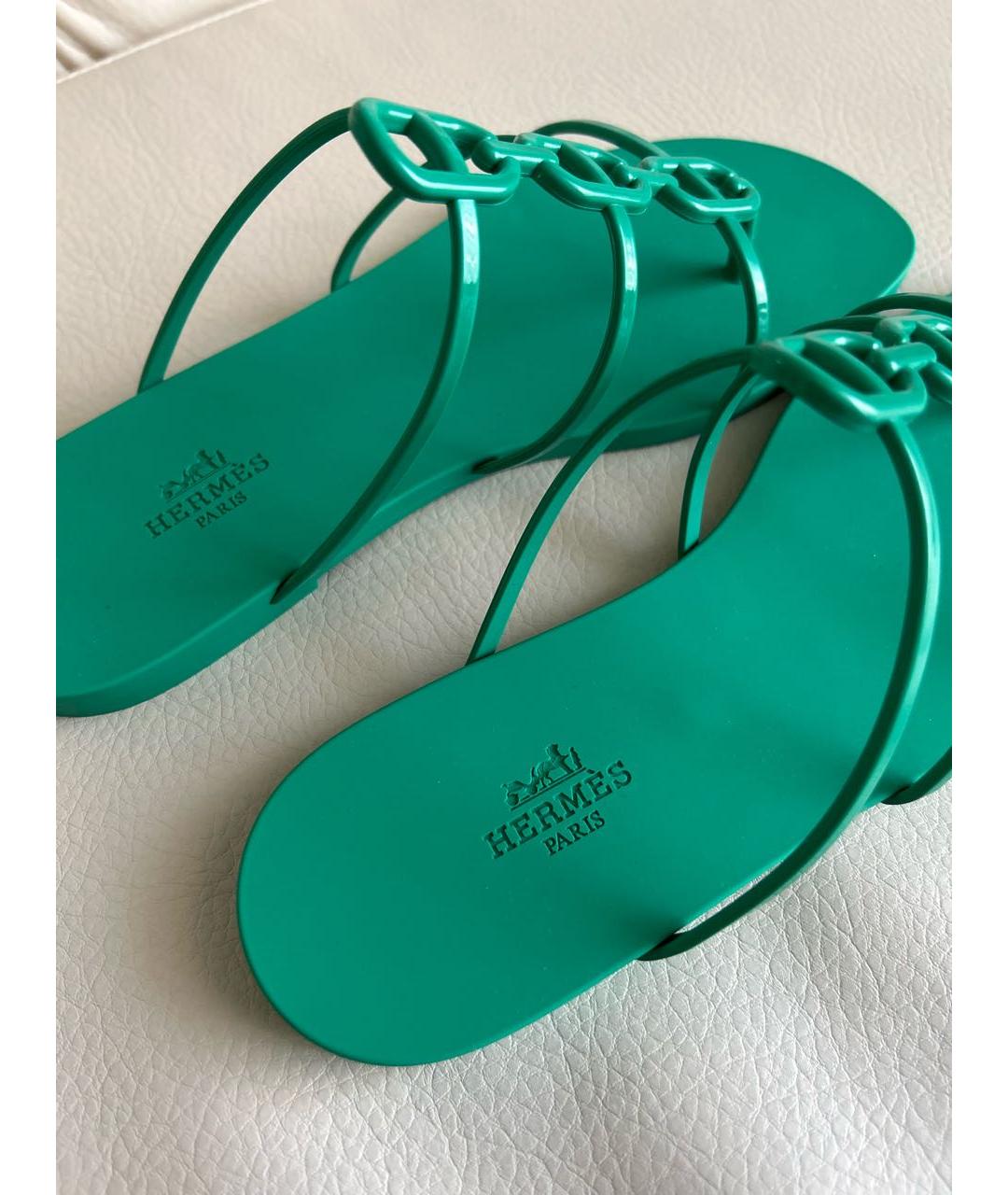 HERMES Зеленые резиновые шлепанцы, фото 6