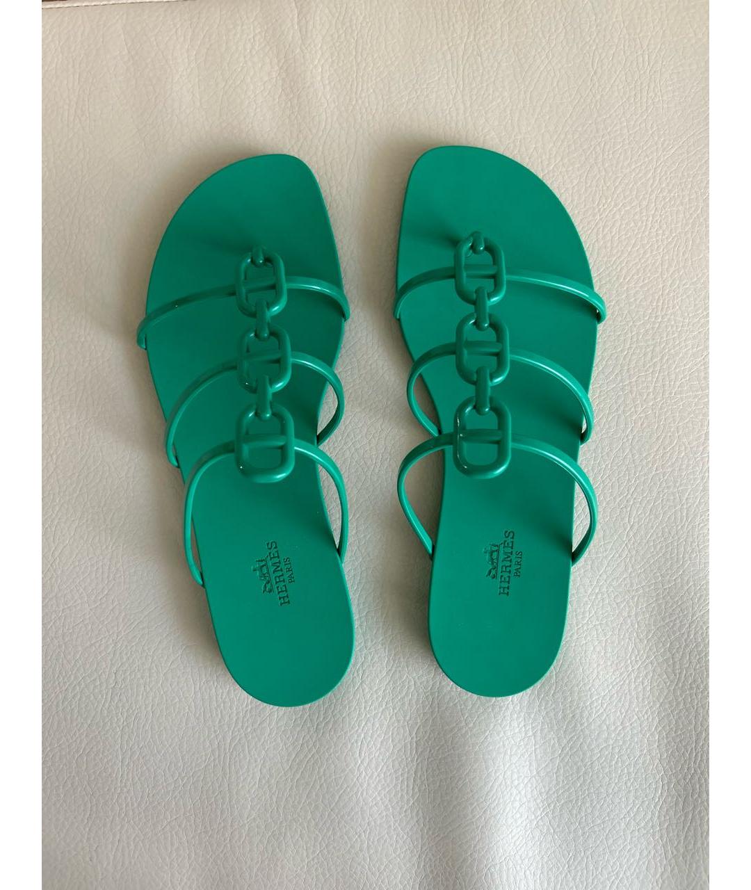 HERMES Зеленые резиновые шлепанцы, фото 3